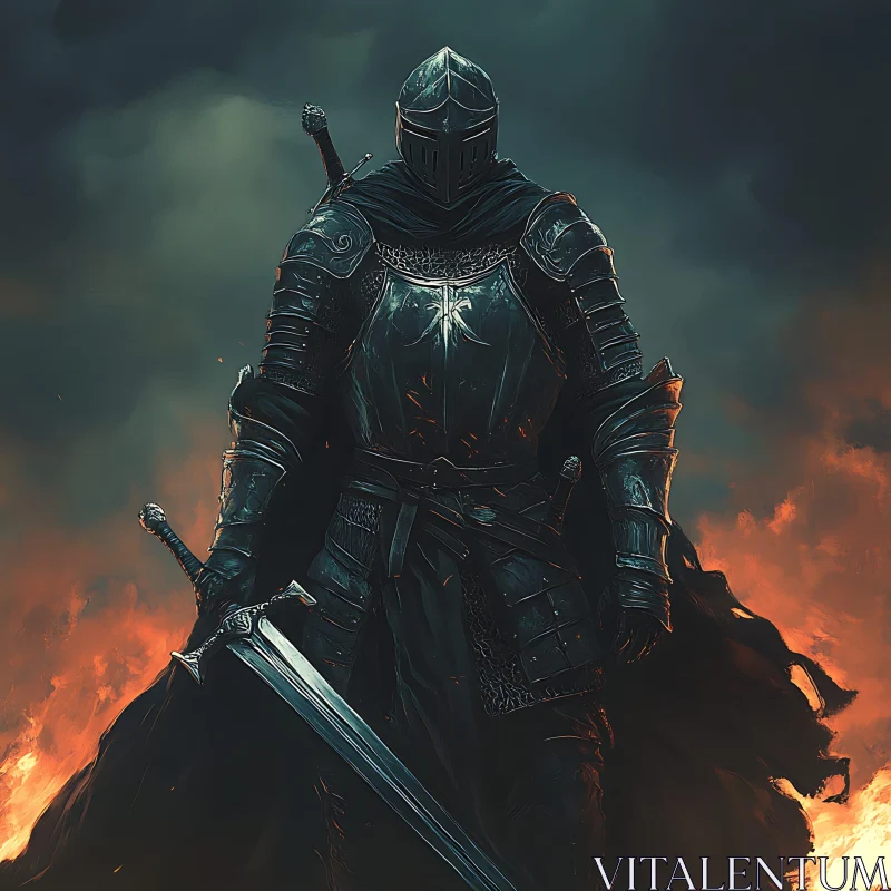 AI ART Armored Knight with Sword in Flames