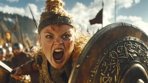 Fierce Female Warrior Shouting in Combat