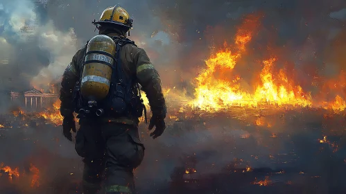 Firefighter in Action Amidst Flames