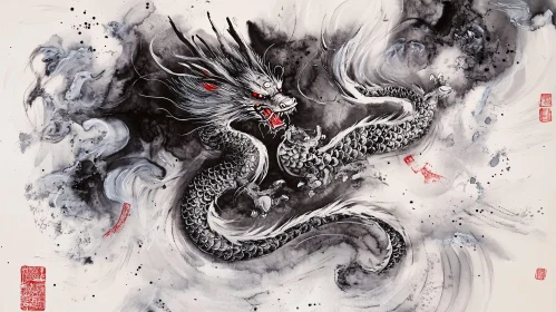 Dragon in Ink Wash - Asian Art