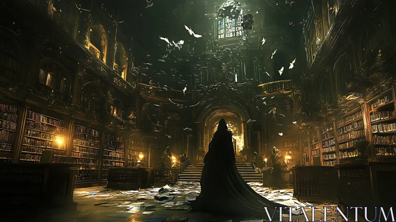 Mysterious Library with Cloaked Figure AI Image