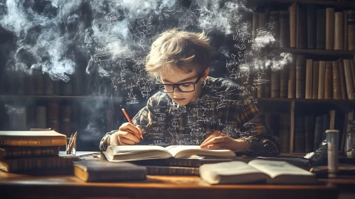 Child Immersed in Books and Equations