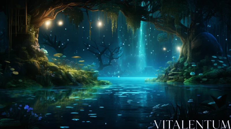 Mystical Night in a Forest: Enchanting Water and Land Fusion AI Image