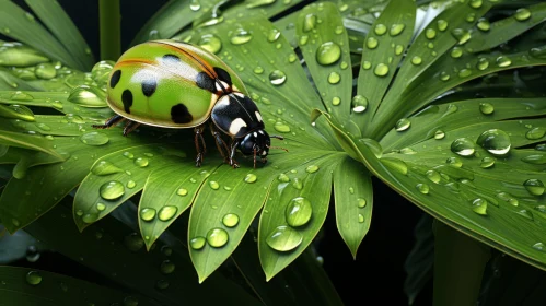 Photorealistic Artwork of a Ladybug on a Rain-kissed Leaf