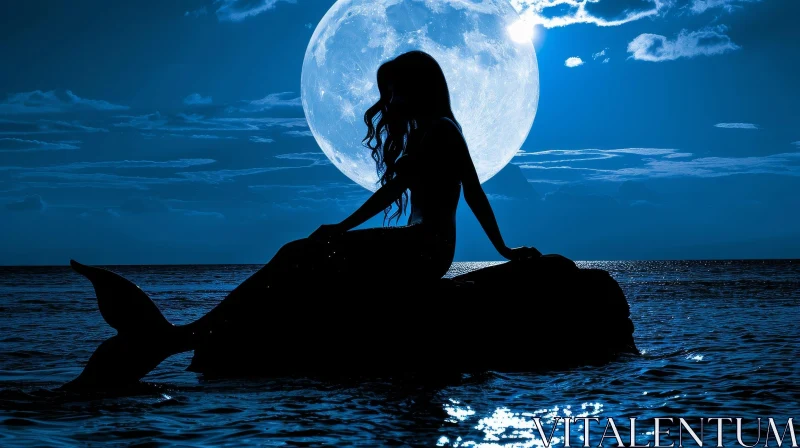 Serene Mermaid Sitting on a Rock in the Ocean with a Full Moon AI Image