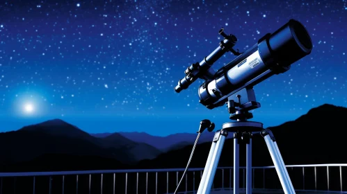 Telescope with Stars and Mountain Background - Digitally Enhanced Art