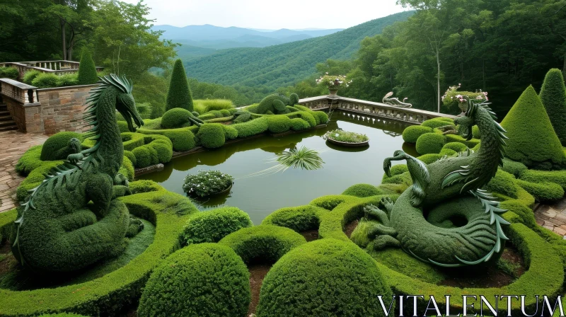 Tranquil Garden with Pond and Dragon Sculptures AI Image