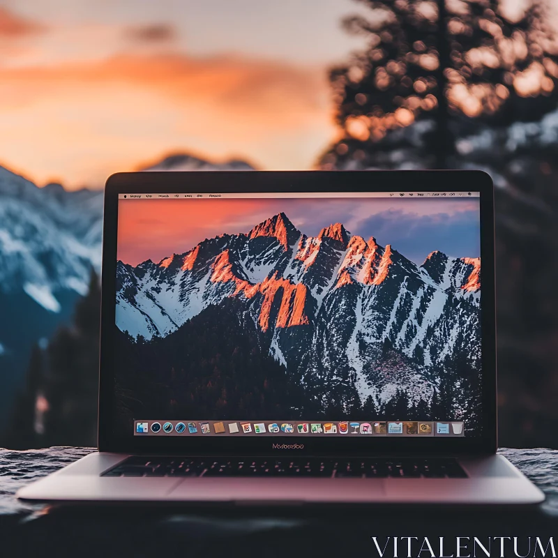 Mountain Range at Sunset on Laptop Screen AI Image