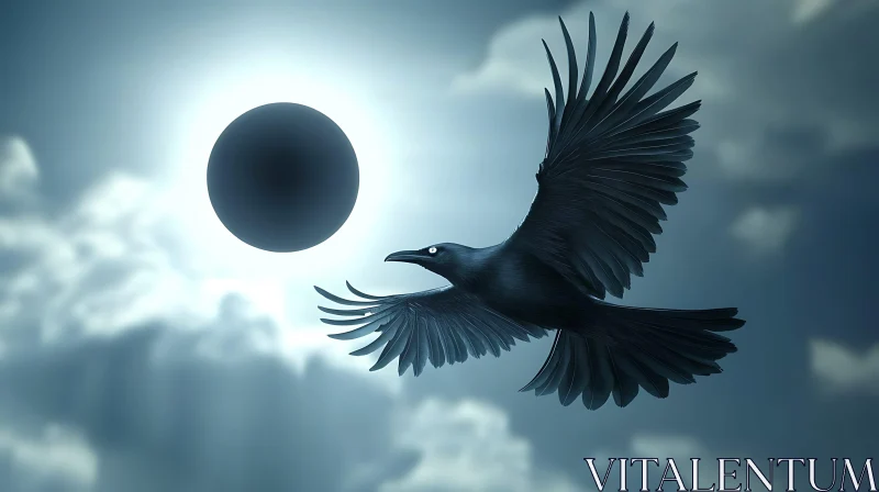 Black Bird Flying During Solar Eclipse AI Image