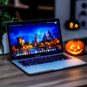 Laptop with Halloween Decor and Castle Night Scene