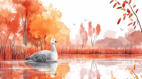Autumn Lake with Goose