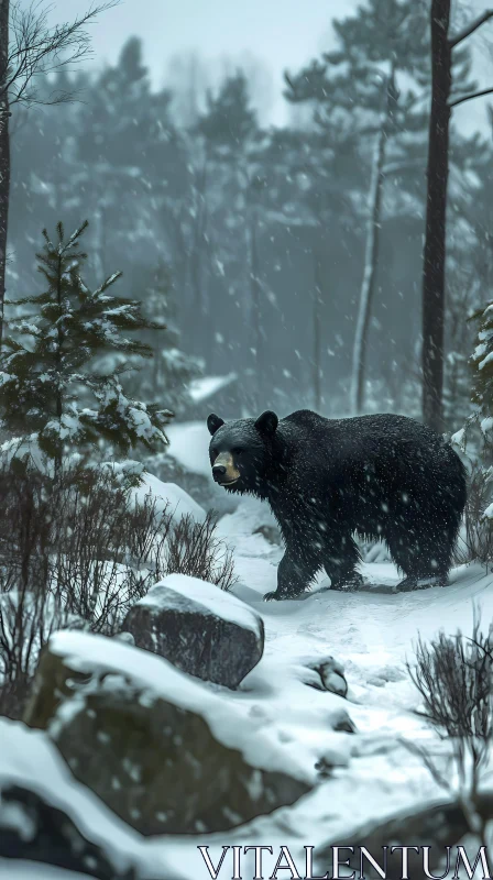 Solitary Bear in Snowy Woods AI Image