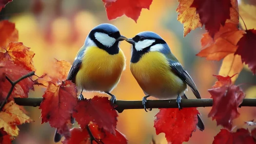 Two Birds on Branch with Autumnal Foliage
