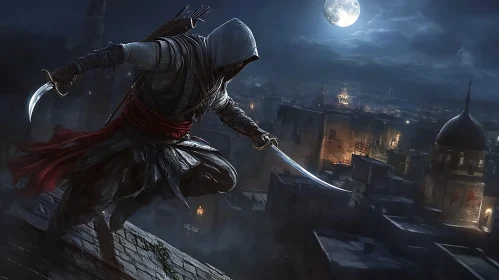 Moonlit Assassin on Rooftop Edge