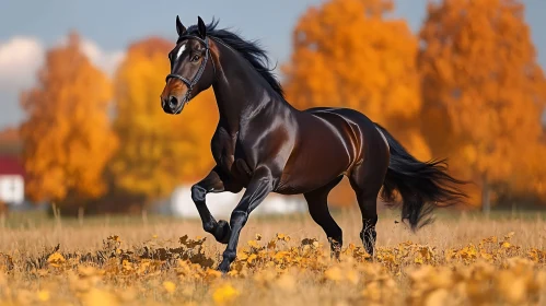 Black Horse Running in Fall Landscape