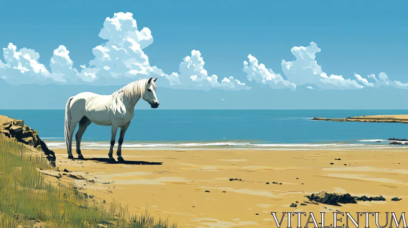 Serene Beach with White Horse AI Image