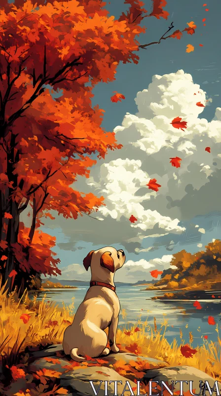 Tranquil Fall Landscape with Dog AI Image