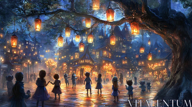 Children Gazing at Lanterns in Fairytale Town AI Image