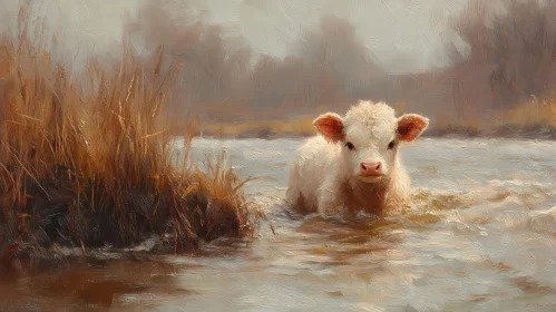 Cow in Tranquil Water Setting