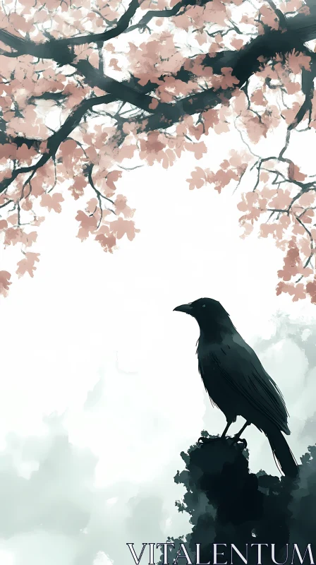 Serene Raven and Blossoms AI Image