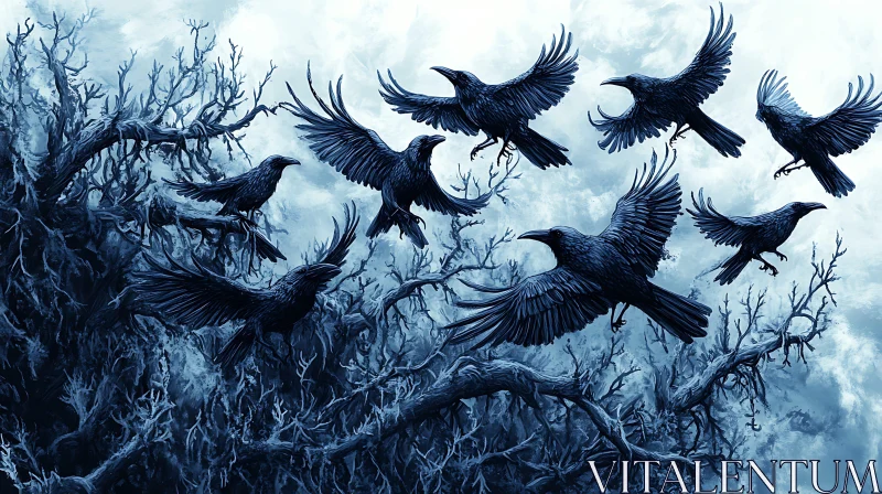 Flight of Ravens in Winter AI Image