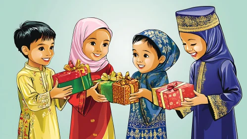 Kids Sharing Presents in Festive Clothing