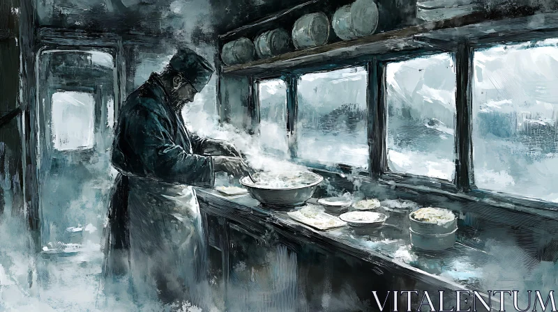 AI ART Man Preparing Food in Old Kitchen