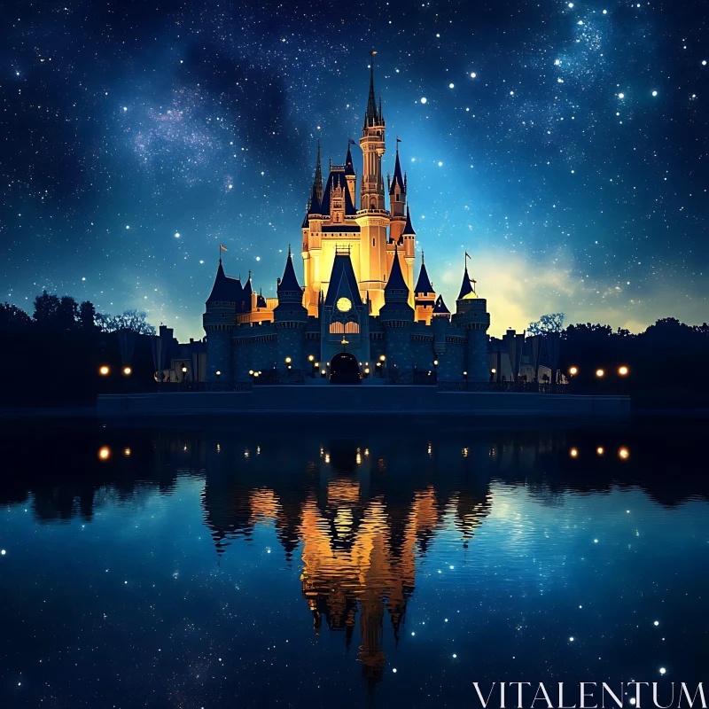 Nighttime Castle Reflection AI Image