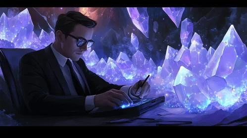 Man Working Among Violet Crystals