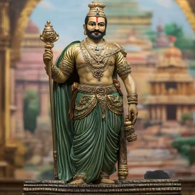 Ornate Religious Statue with Temple Backdrop