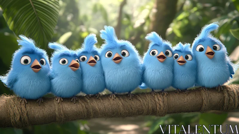 Fluffy Blue Birds Cartoon Image AI Image