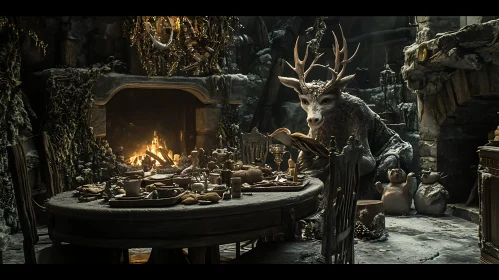 Antlered Reader by the Hearth