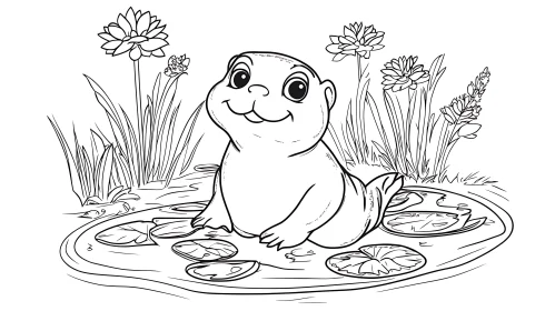 Smiling Beaver Sitting on Lily Pads in Nature