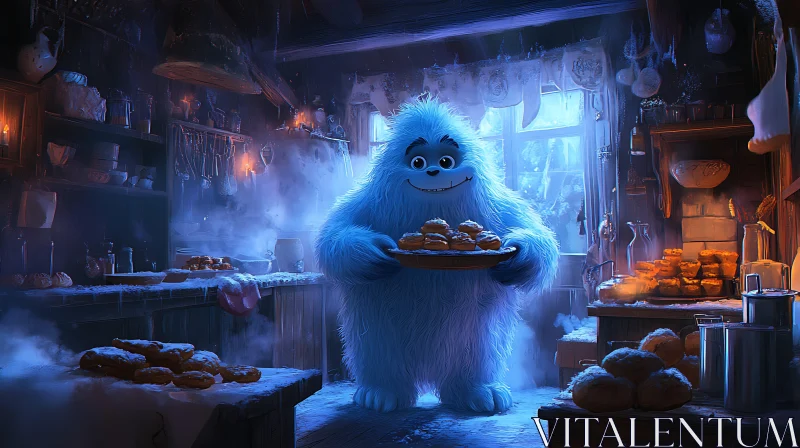 AI ART Friendly Yeti Baking Cookies in Winter