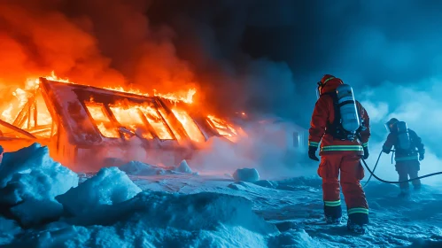 Night Firefighting Scene in Snowy Landscape