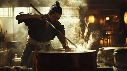 Warrior with Sword in Kitchen