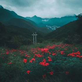 Scenic Mountain Valley with Red Flowers