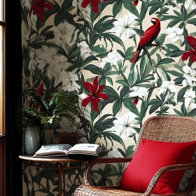 Floral and Bird-Themed Wallpaper in Quaint Interior