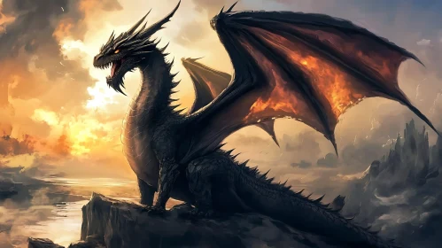Dragon on Cliffside with Fiery Wings