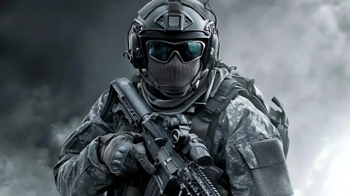 Soldier in Tactical Gear with Rifle