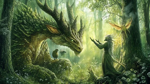 Mystical Dragon and Elf in Green Forest