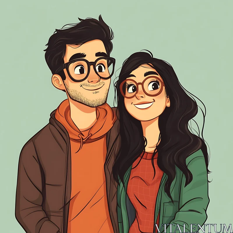 Whimsical Couple Portrait in Cartoon Style AI Image