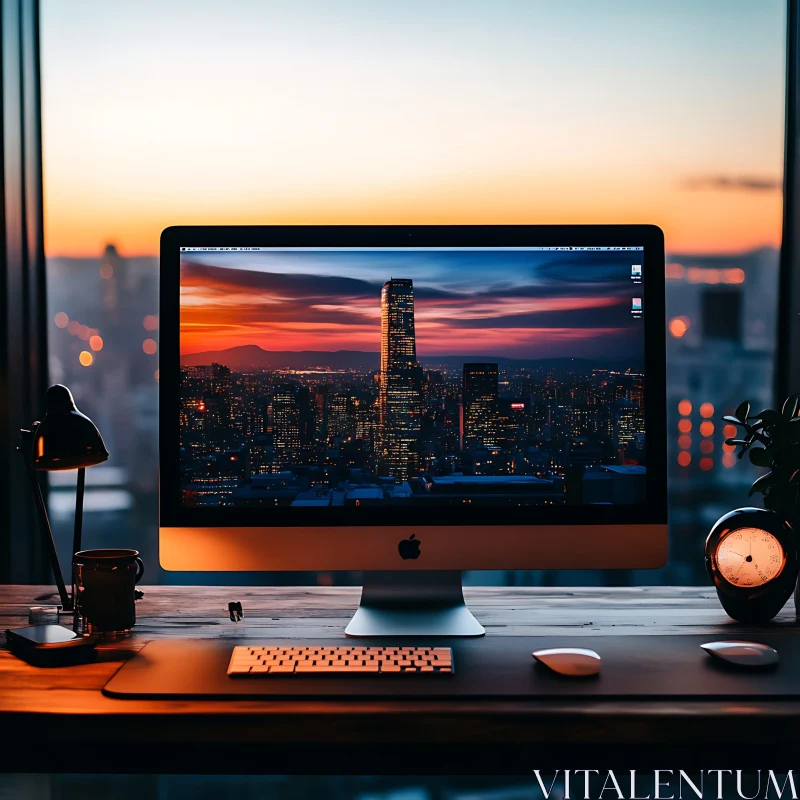 Urban Sunset Viewed from a Tech-Savvy Office AI Image