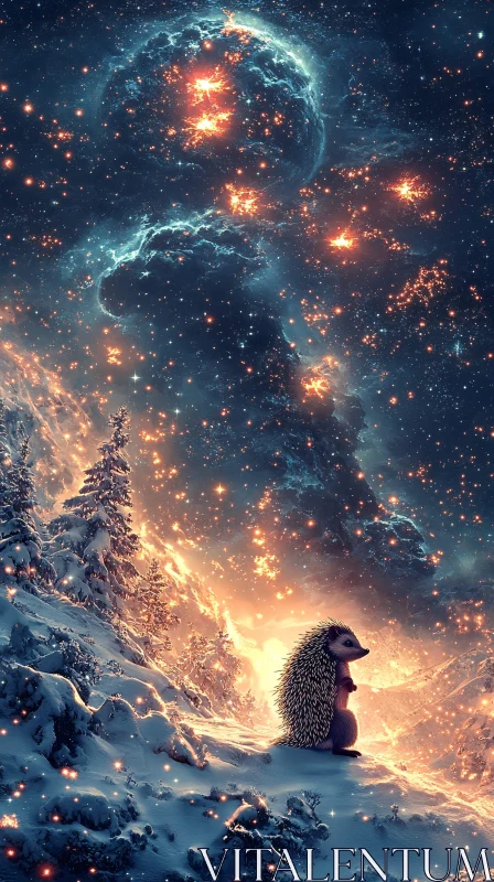 Winter Hedgehog under Starry Skies AI Image