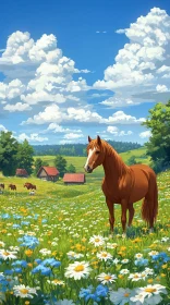 Horse Grazing in Lush Flower Meadow