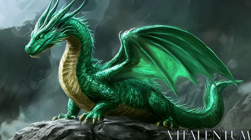 Verdant Dragon on Stone Ledge AI Image