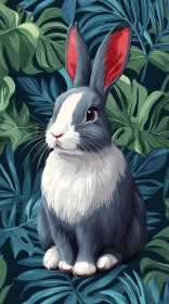 Illustrated Bunny Amidst Tropical Leaves