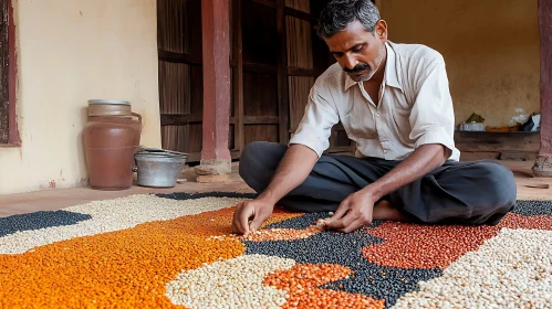 Man Sorting Grains with Precision