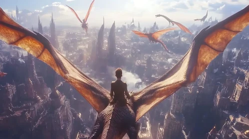 Aerial View: Dragon and Rider Above City