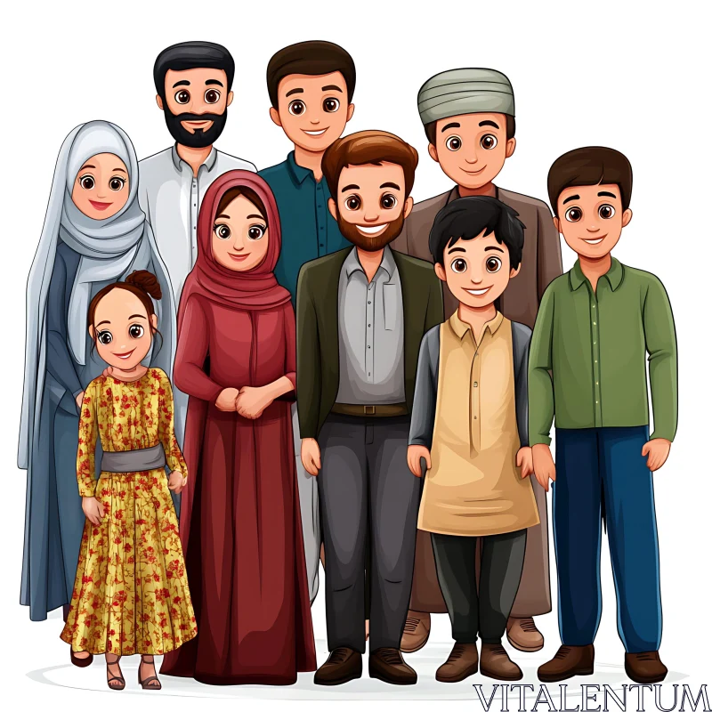 AI ART Cartoon Muslim Family Group Smiling